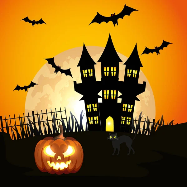 Calabaza con castillo en la escena de halloween — Vector de stock