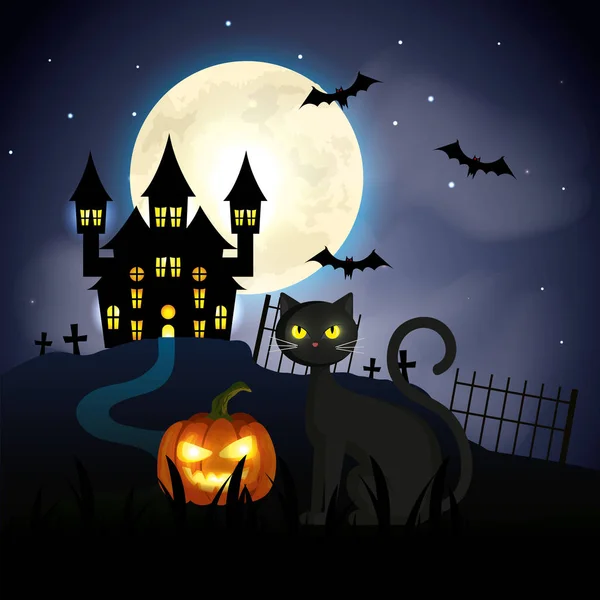 Kočka s dýní a strašidelnou pevností v Halloweenské scéně — Stockový vektor