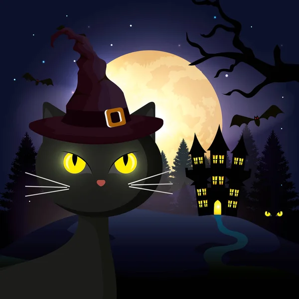 Cadılar bayramı sahnesinde perili kale ile kedi — Stok Vektör