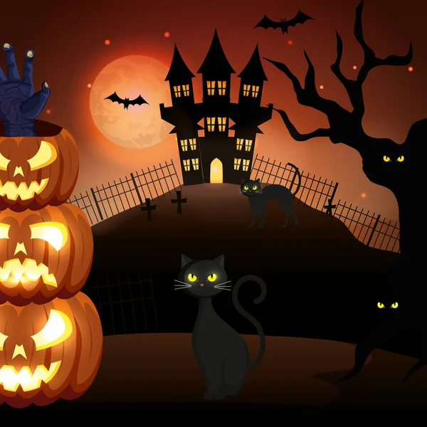 Cadılar bayramı sahnesinde kabak ve perili kale ile kediler — Stok Vektör