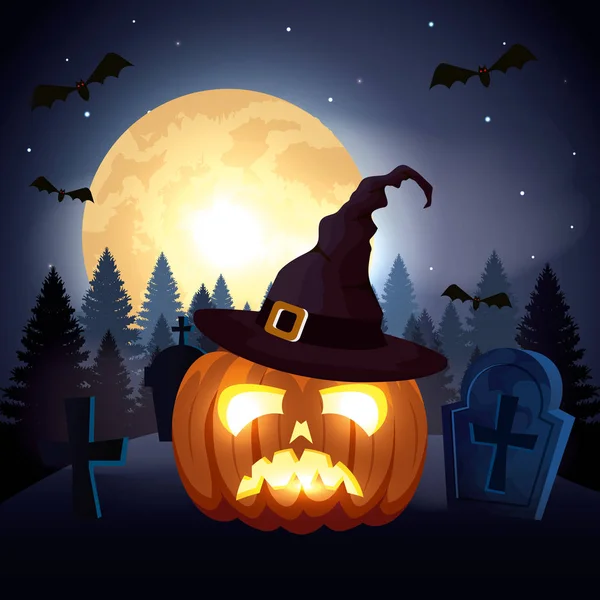 Sütőtök kalap boszorkány a jelenet Halloween — Stock Vector