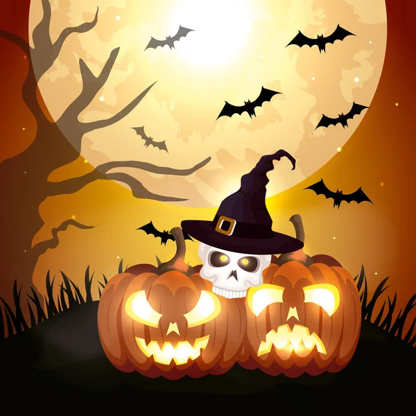 Halloween tök és koponya kalappal boszorkány — Stock Vector