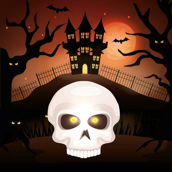 Crânio morto com castelo assombrado em cena halloween — Vetor de Stock