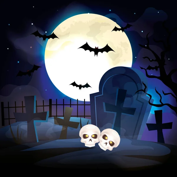 Mezarlık cadılar bayramı sahnesinde kafatasları — Stok Vektör