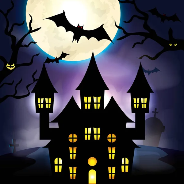 Castillo encantado en la noche oscura escena de Halloween — Vector de stock