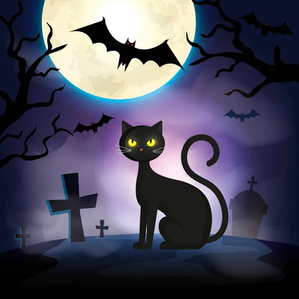 Karanlık gece cadılar bayramı sahnesinde kedi — Stok Vektör