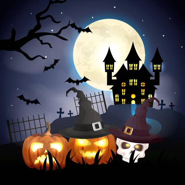 Haunted castle with pumpkins in halloween scene — Stock Vector