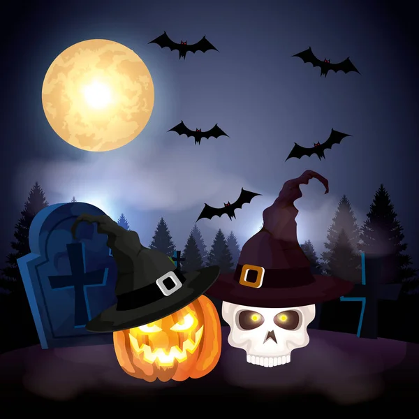 Calabaza con cráneo en la noche oscura escena de Halloween — Vector de stock
