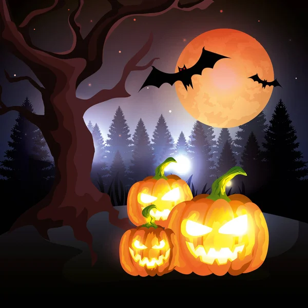 Sütőtök a sötét éjszakában Halloween jelenet — Stock Vector