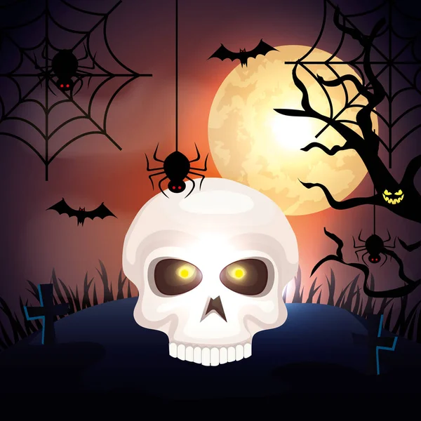 Cráneo en la noche oscura y los iconos de Halloween Ilustración de stock