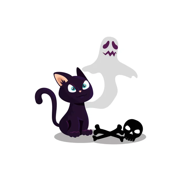 Halloween fantasma com gato e crânio —  Vetores de Stock