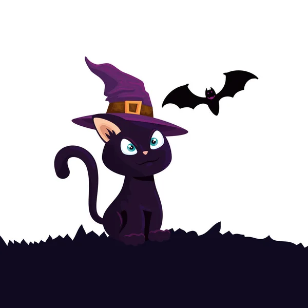 Хэллоуин кошка в шляпе ведьма и летучая мышь — стоковый вектор