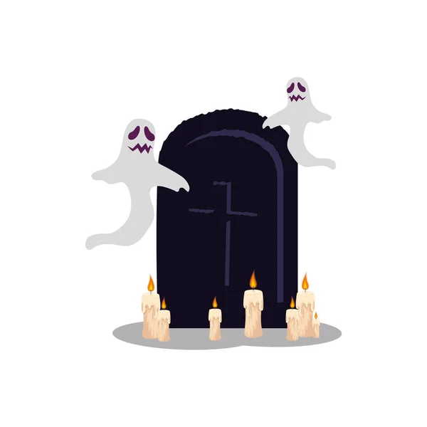 Fantasmas de Halloween con tumba y velas — Vector de stock