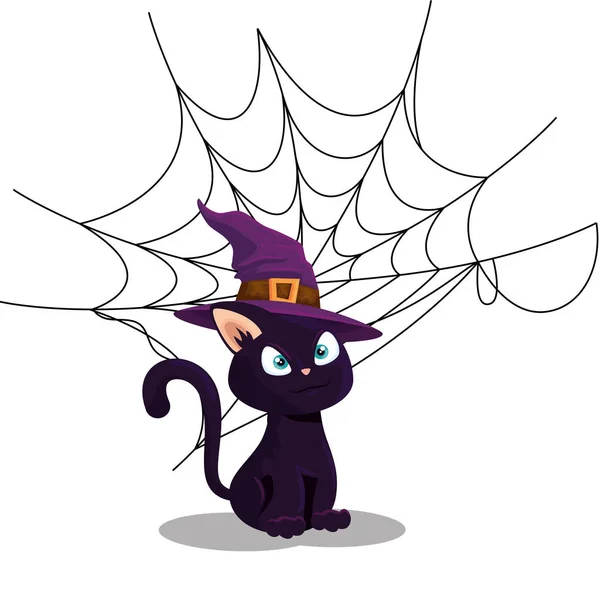 Katze zu Halloween mit Hexenhut und Spinnennetz — Stockvektor