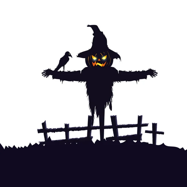 Espantapájaros halloween con cuervo aislado icono — Vector de stock
