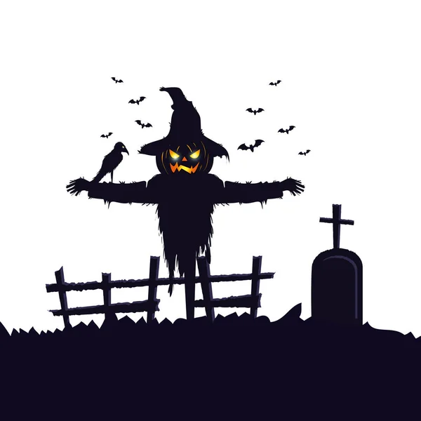 Strach na wróble Halloween z Kruk i grób — Wektor stockowy