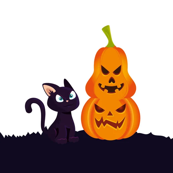 Citrouilles halloween avec chat icône isolée — Image vectorielle