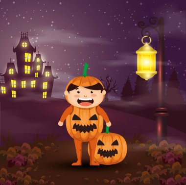 sahne cadılar bayramı kabak kılığında çocuk