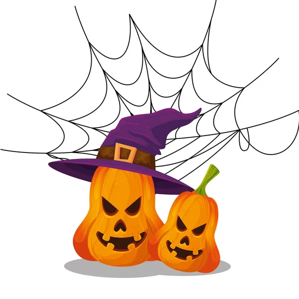 Halloween pumpor med hatt häxa och spindelnät — Stock vektor