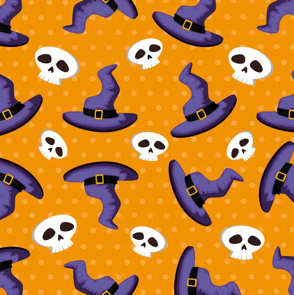 Mönster Halloween av hattar häxa och skallar — Stock vektor