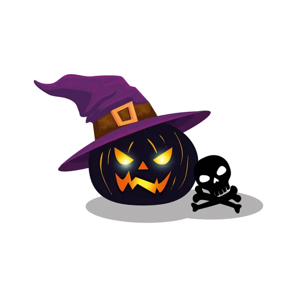 Хэллоуин тыква с колпаком и черепом ведьмы — стоковый вектор