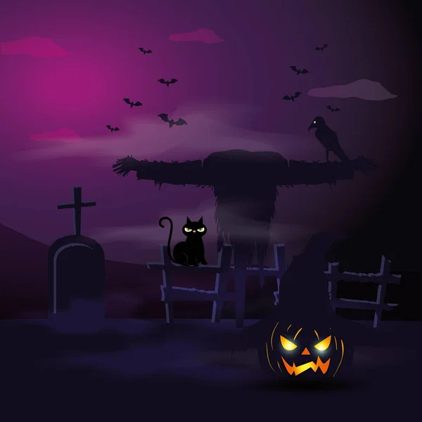 Spaventapasseri con gatto e tomba in scena Halloween — Vettoriale Stock