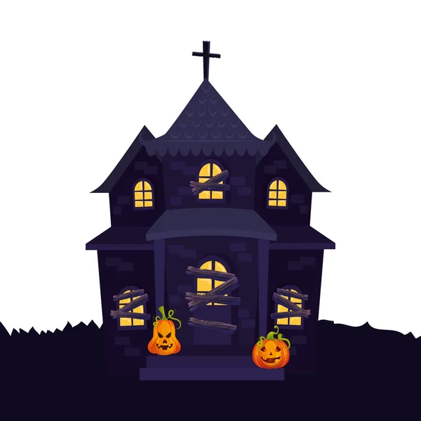 Geisterhaus-Halloween mit Kürbissen — Stockvektor