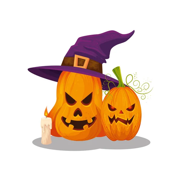 Calabazas de Halloween con sombrero bruja y vela — Vector de stock