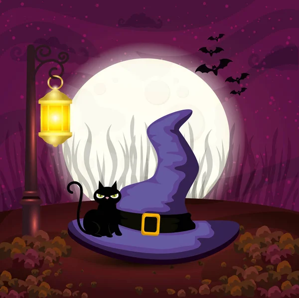 Sombrero de bruja con gato en la escena halloween — Vector de stock