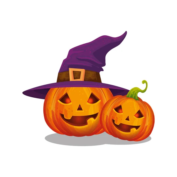 Halloween pompoenen met hoed heks geïsoleerd pictogram — Stockvector