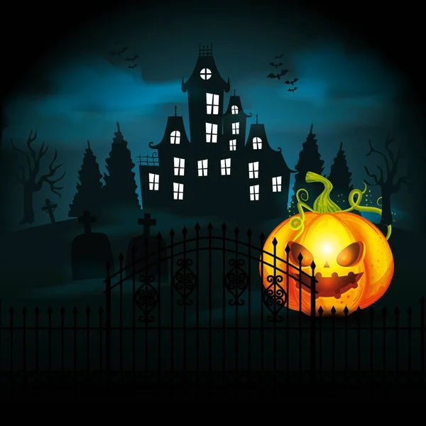 Halloween pompoen met kasteel in donkere nacht — Stockvector