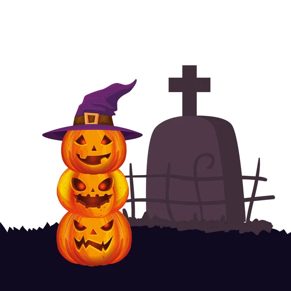 Halloweenské dýně s kloboukem a hrobkou — Stockový vektor