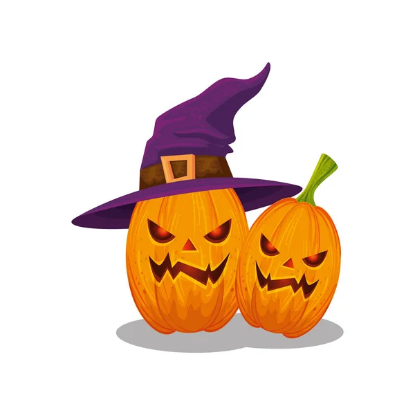 Halloween pompoenen met hoed heks geïsoleerd pictogram — Stockvector