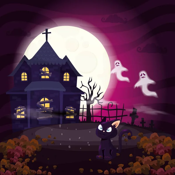 Spookhuis met kat in scène Halloween — Stockvector