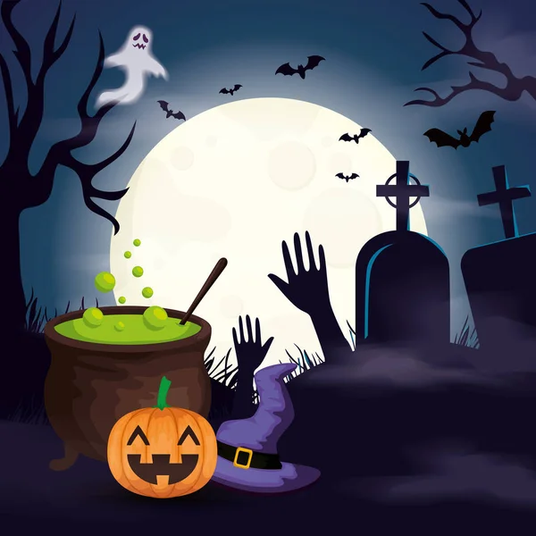 Caldeirão com abóbora e ícones em cena halloween — Vetor de Stock