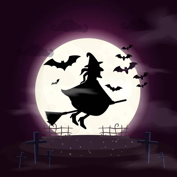 Bruxa voando na cena da vassoura halloween —  Vetores de Stock