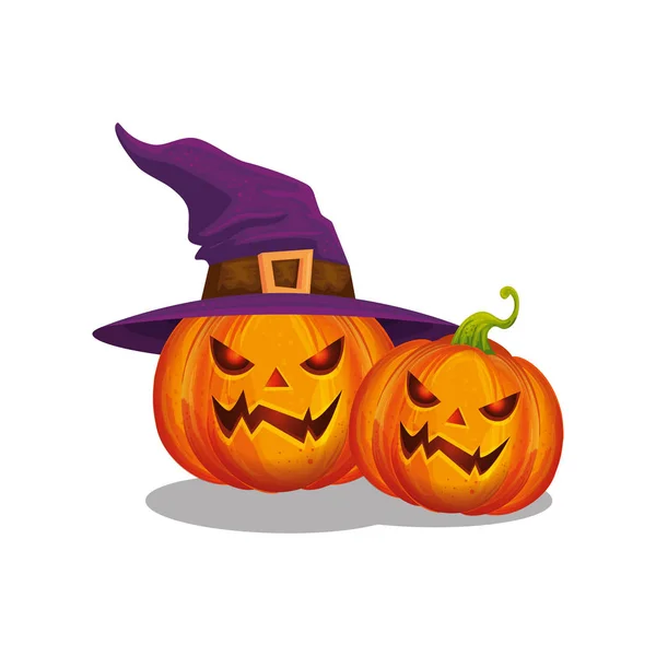 Halloween pompoenen met heks hoed — Stockvector