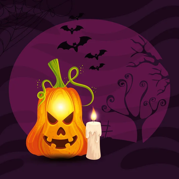 Abóbora com vela na cena halloween — Vetor de Stock