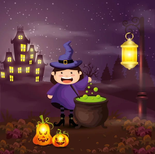 Girl disguised of witch in scene halloween — Stock Vector