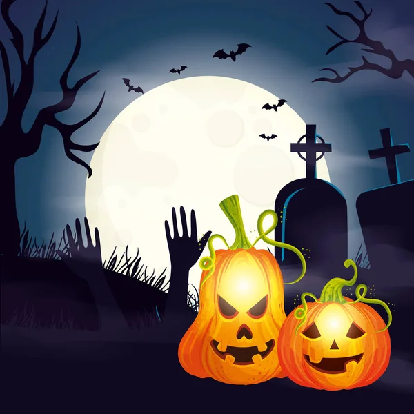 Pompoenen in begraafplaats scène Halloween — Stockvector