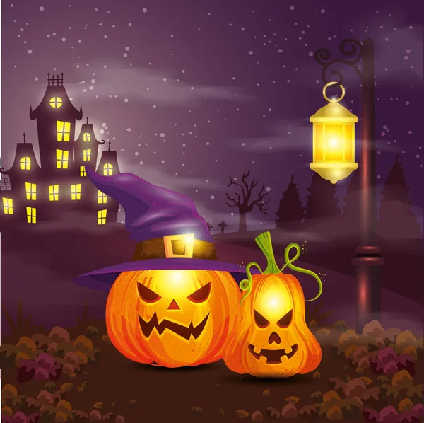 Pumpkins with hat witch in scene halloween — Stock Vector