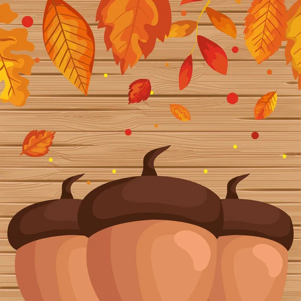 Őszi levelek és diófélék faszerkezetében — Stock Vector