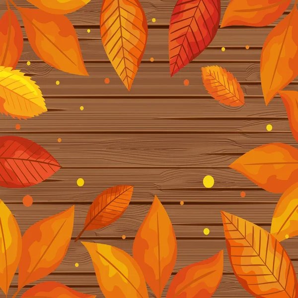 Fondo madera con hojas de otoño — Vector de stock