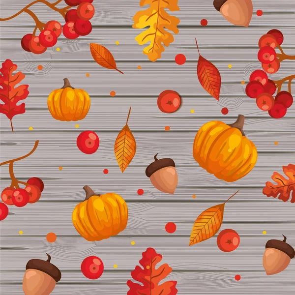 Kürbisse mit Blättern und Nüssen Herbst Muster Hintergrund — Stockvektor