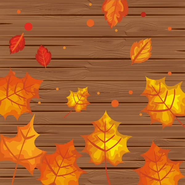 Background wooden with autumn leafs — Stock Vector