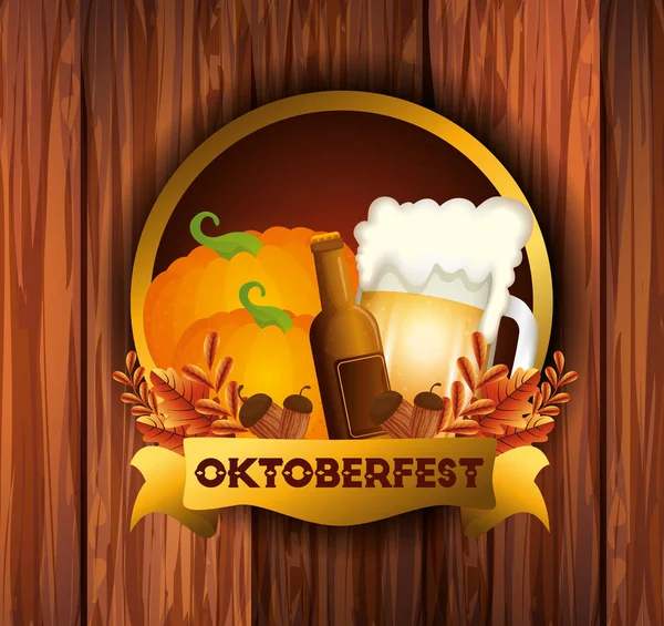 Cartel oktoberfest con cervezas y calabazas — Vector de stock