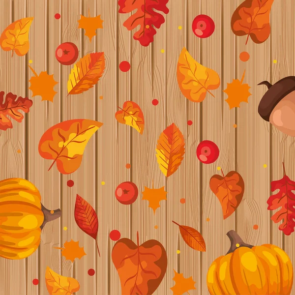 Fondo de madera con hojas y frutas de otoño — Vector de stock