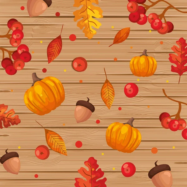 Fondo de madera con hojas y frutas de otoño — Vector de stock