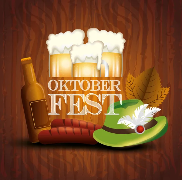 Cartaz oktoberfest com cervejas jar e ícones —  Vetores de Stock