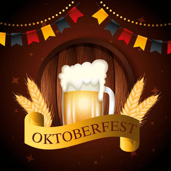 Cartel de oktoberfest con cerveza de tarro y cinta — Vector de stock